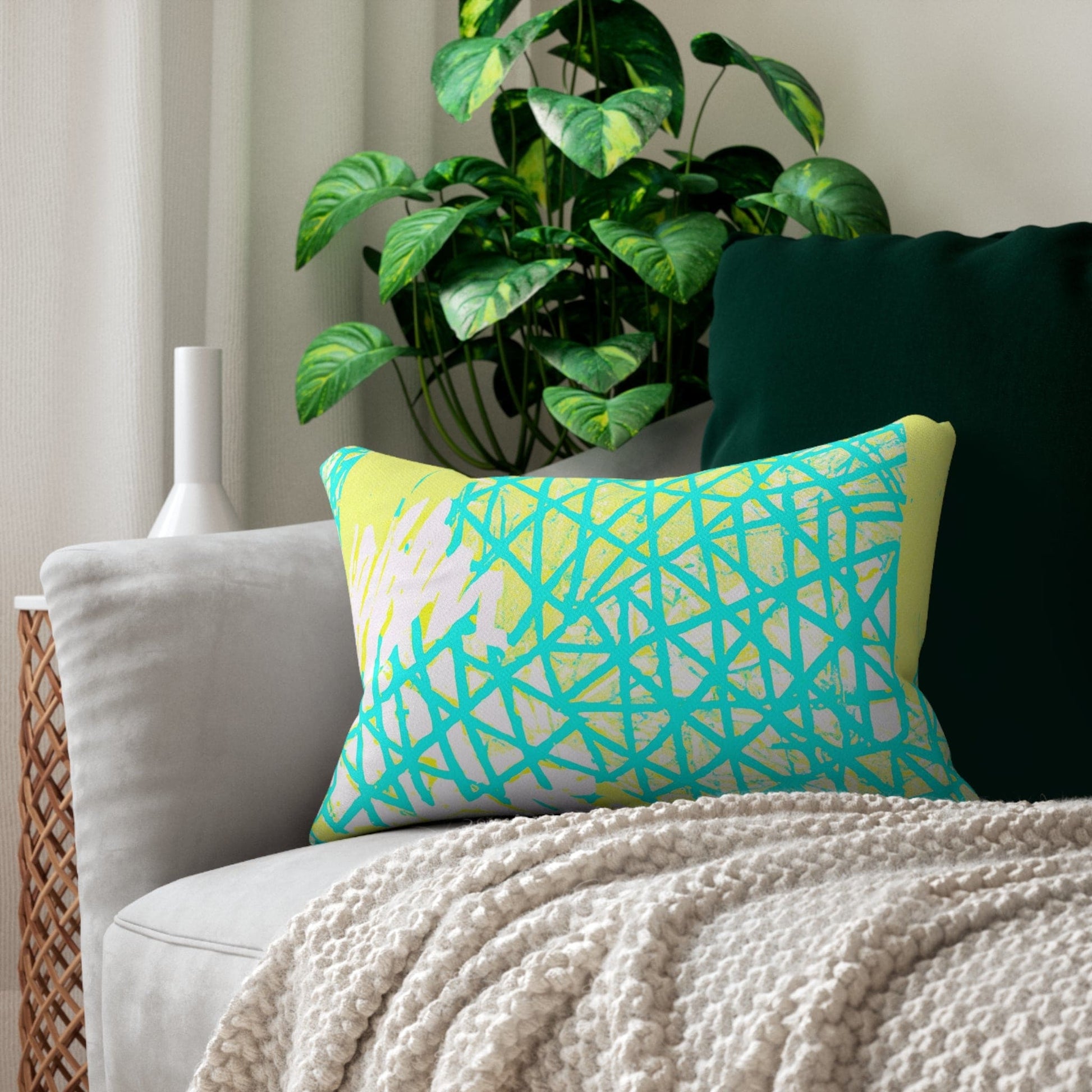Decorative Lumbar Throw Pillow - Cyan Blue Lime Green and White Pattern-4