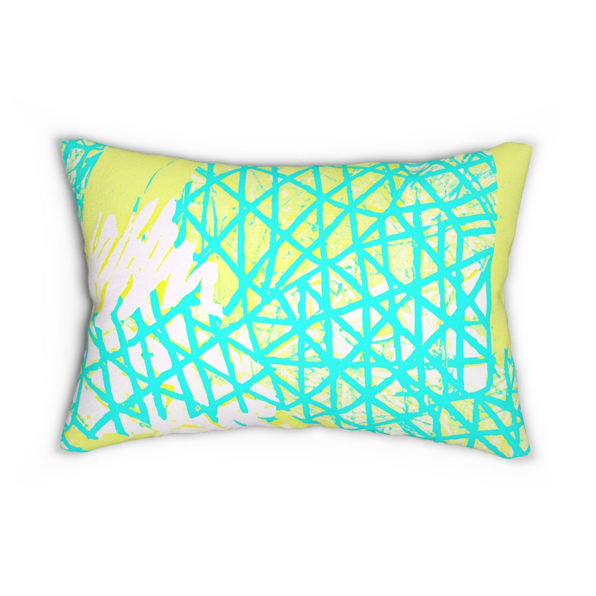 Decorative Lumbar Throw Pillow - Cyan Blue Lime Green and White Pattern-1