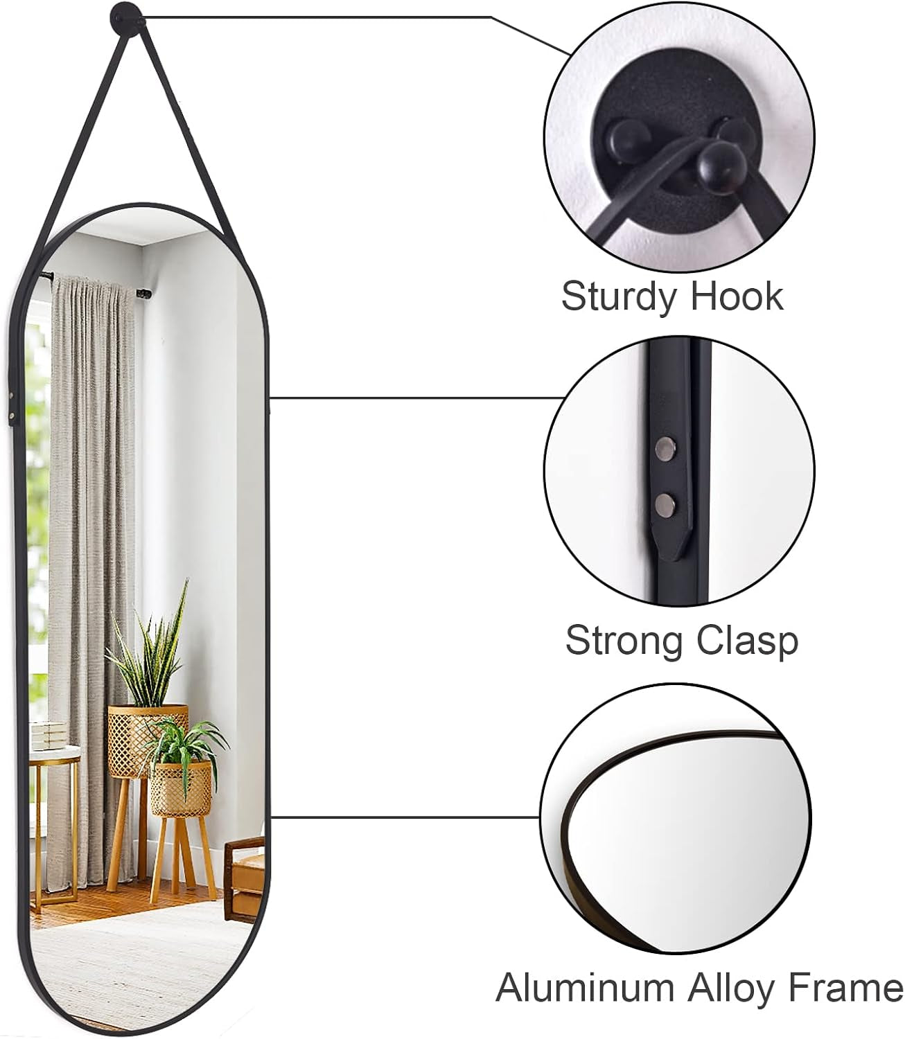 16"X48" Oval Hanging Mirror with Leather Strap Full Length Mirror Aluminum Frame Wall-Mounted Hanging Mirrors for Bathroom Vanity Living Room Bedroom Entryway Decor-3