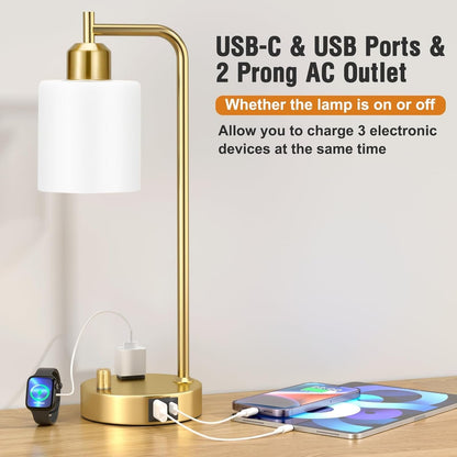 Industrial Table Lamps for Bedroom Set of 2 - Fully Dimmable Bedside Lamps with USB Ports and Outlet, Gold Nightstand Lamps with Opal Glass Shade for Living Room, Desk Lamps for Office Reading-2