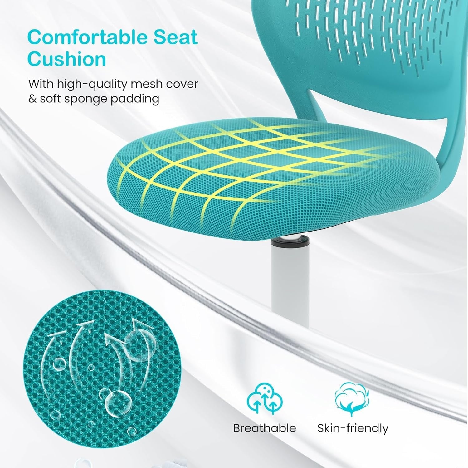 Kids Desk Chair, Adjustable Children Study Chair, Swivel Chair Armless Mesh Task Student Chair, Child Desk Chair with Adjustable Height & Lumbar Support Computer Chair, Turquoise-4