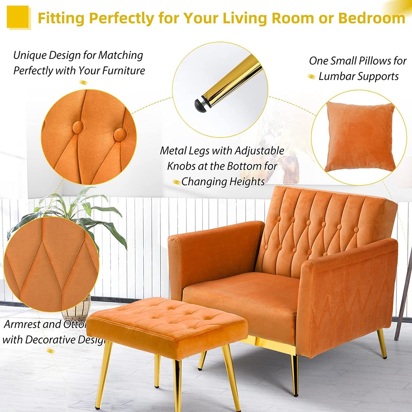 Velvet Accent Chair with Adjustable Armrests, Orange-3