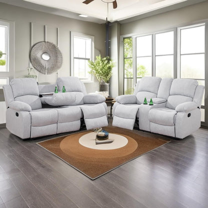 Recliner Sofa Set for Living Room Furniture Set, Reclining Sofa and Loveseat Set for Reclinier Sofa with Drop down Table/Double Recliner Loveseat with Storage Console/Grey Linen-0