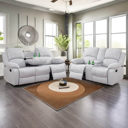 Recliner Sofa Set for Living Room Furniture Set, Reclining Sofa and Loveseat Set for Reclinier Sofa with Drop down Table/Double Recliner Loveseat with Storage Console/Grey Linen-0