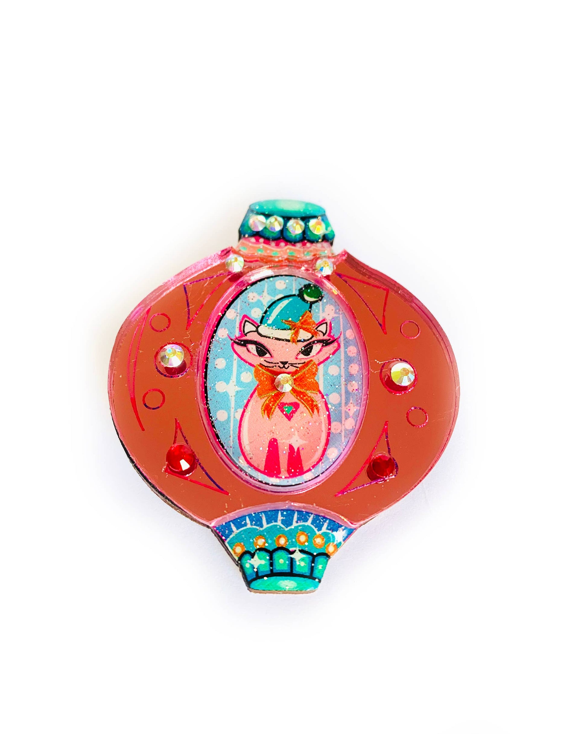 Retro Cat Christmas Bauble Brooch by Rosie Rose Parker-3