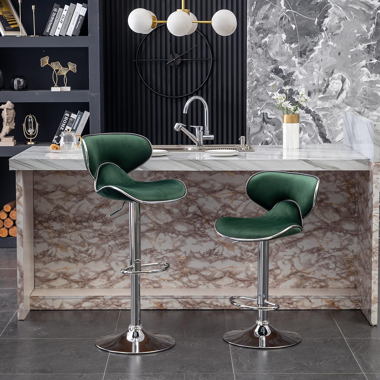 Masaccio Velvet Upholstered Adjustable Swivel Barstool, Set of 2, Green-0