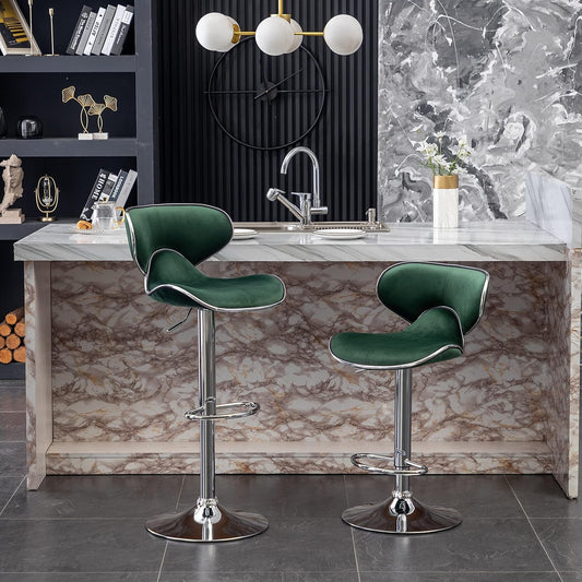 Masaccio Velvet Upholstered Adjustable Swivel Barstool, Set of 2, Green-0