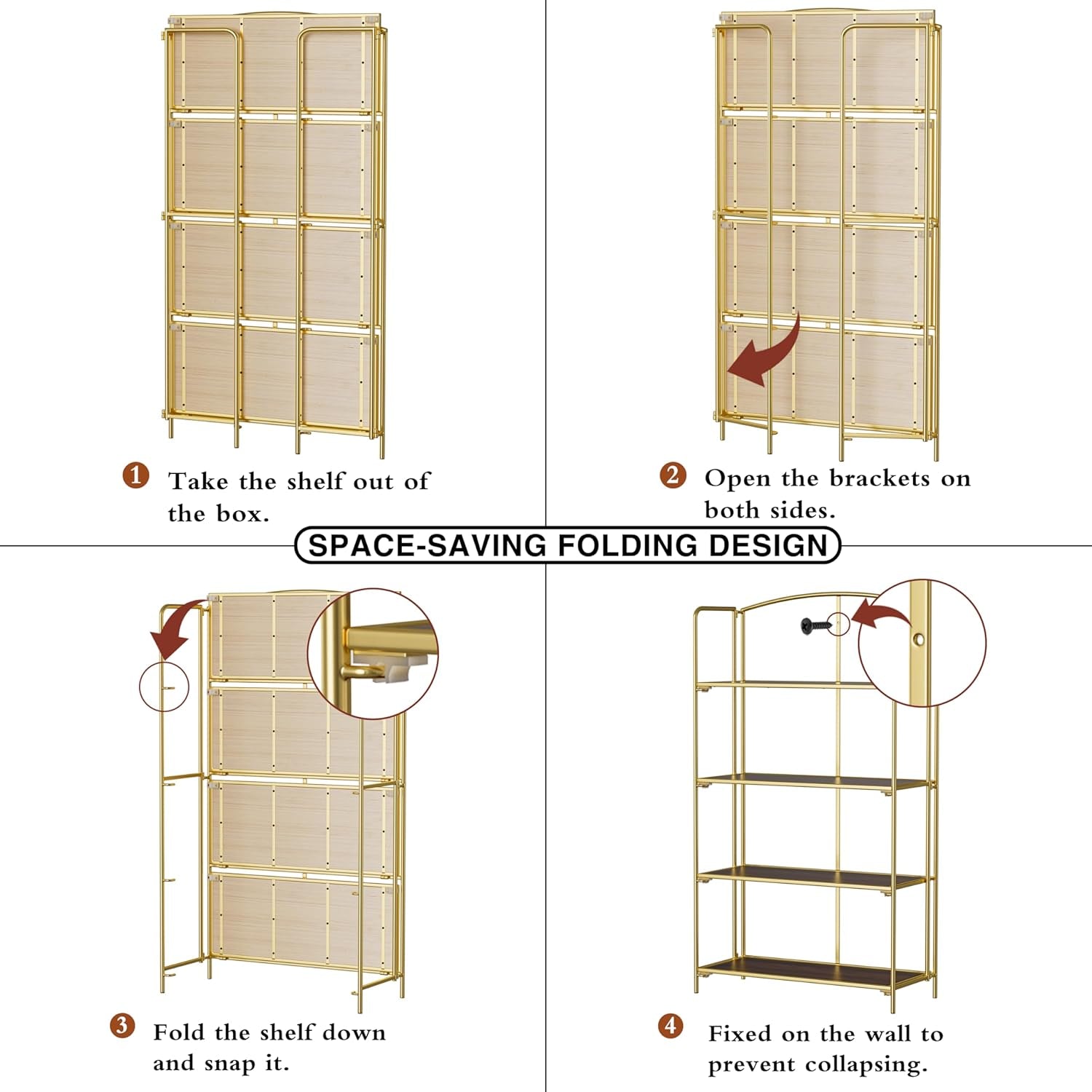 No Assembly Folding Bookshelf for Living Room, 4 Tier Gold Collapsible Book Shelf for Home Office, Portable Bookcase Storage Organizer-4