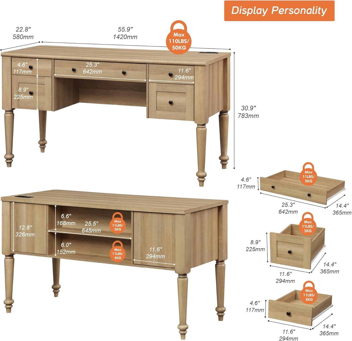 Farmhouse Executive Desk with Storage and Charging Station-1