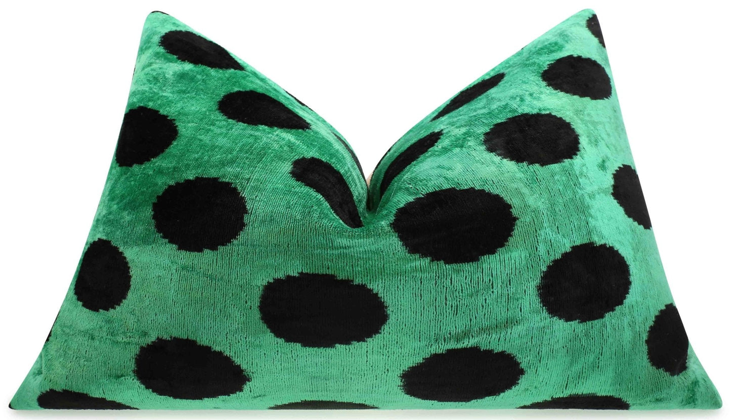 Handmade Velvet Lumbar Pillow in Green and Black Polka Dot Design - High-Quality 16x24 Inch Decorative Accent with Premium Down Feather Insert-0