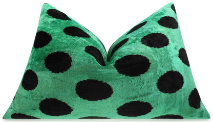 Handmade Velvet Lumbar Pillow in Green and Black Polka Dot Design - High-Quality 16x24 Inch Decorative Accent with Premium Down Feather Insert-0