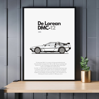 Affiche De Lorean DMC-12  | Art mural | Affiche voiture vintage | Affiche noir et blanc-0