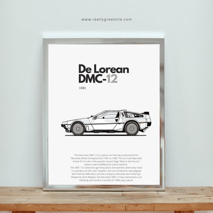 Affiche De Lorean DMC-12  | Art mural | Affiche voiture vintage | Affiche noir et blanc-1