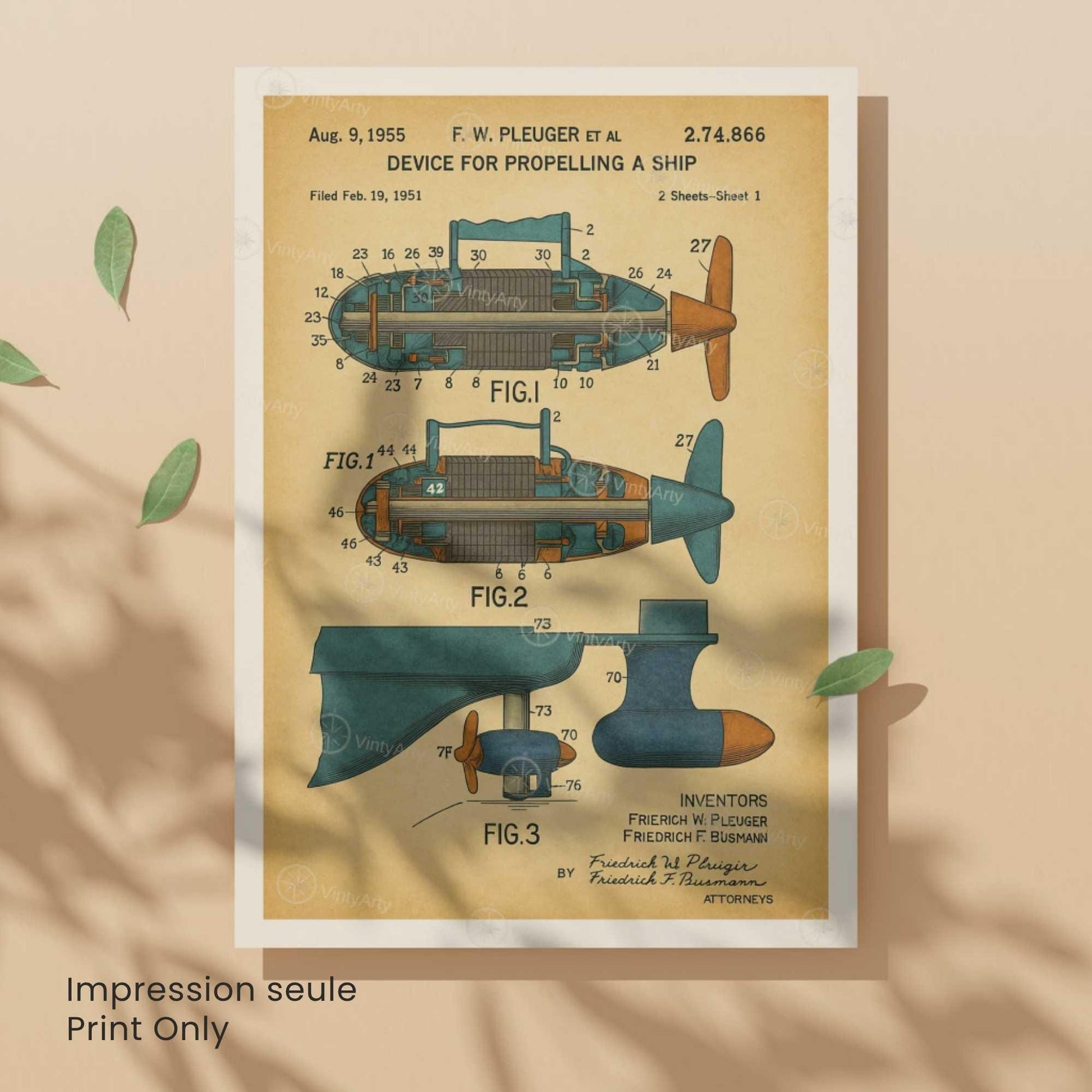 Affiche Brevet Propulsion Marine Vintage – Poster Technique 1955 | Art Industriel & Décoration Mécanique-5