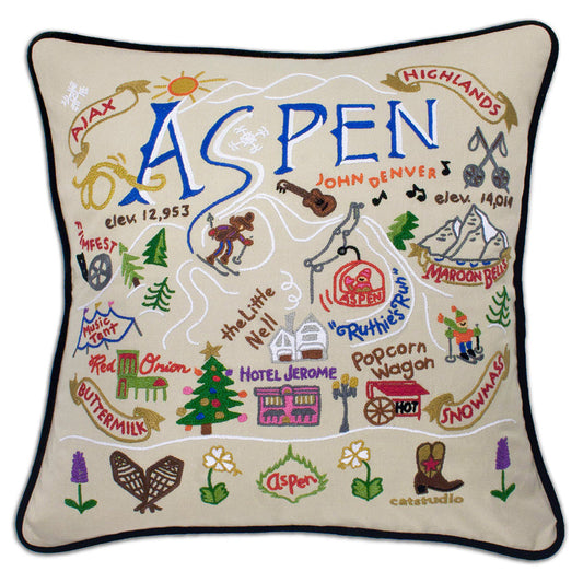 Ski Aspen Hand-Embroidered Pillow-0