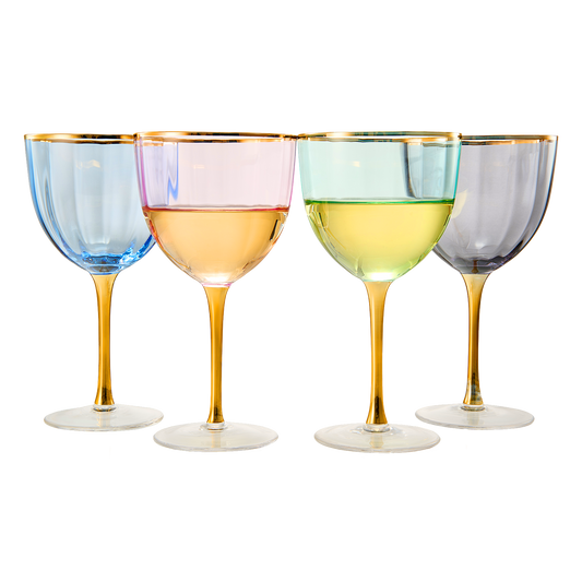 Art Deco Colored Crystal Wine Glass Set of 4, Large 18oz Stemmed Glasses Vibrant Vintage Glasses for White & Red, Water, Margarita Glasses, Gift Idea, Color Glassware - Gilded Rim and Gold Stem-0